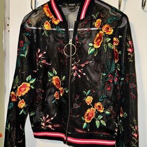 Guess Black Mesh Bomber Jacket with Floral Embroidery